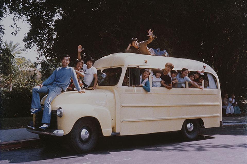 Ondekoza members on bus during visit to Los Angeles in 1978